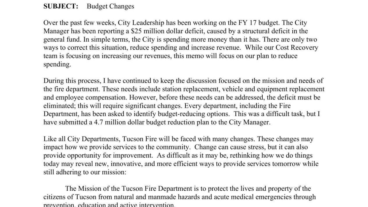 Fire chief's memo about budget